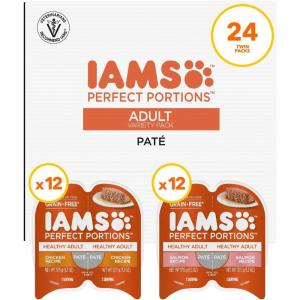 imageIAMS Perfect Portions Healthy Adult Grain Free Wet Cat Food Pate Salmon Recipe 26 oz Easy Peel TwinPack Trays 24 Count 48 ServingsChicken  Salmon
