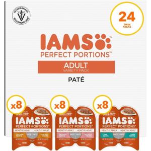 imageIAMS Perfect Portions Healthy Adult Grain Free Wet Cat Food Pate Salmon Recipe 26 oz Easy Peel TwinPack Trays 24 Count 48 ServingsChicken  Tuna  Salmon