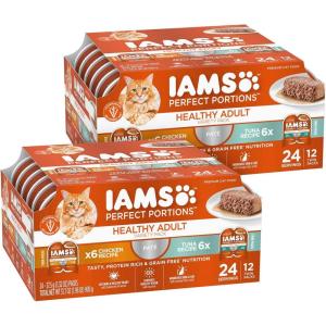 imageIAMS Perfect Portions Healthy Adult Grain Free Wet Cat Food Pate Salmon Recipe 26 oz Easy Peel TwinPack Trays 24 Count 48 ServingsChicken  Tuna