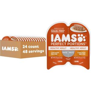 imageIAMS Perfect Portions Healthy Adult Grain Free Wet Cat Food Pate Salmon Recipe 26 oz Easy Peel TwinPack Trays 24 Count 48 ServingsChicken