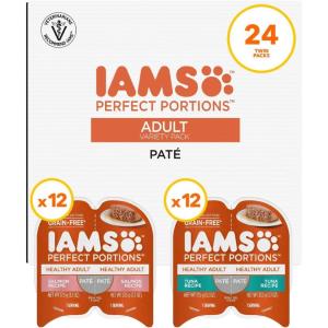 imageIAMS Perfect Portions Healthy Adult Grain Free Wet Cat Food Pate Salmon Recipe 26 oz Easy Peel TwinPack Trays 24 Count 48 ServingsSalmon  Tuna
