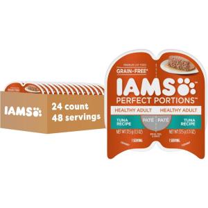 imageIAMS Perfect Portions Healthy Adult Grain Free Wet Cat Food Pate Salmon Recipe 26 oz Easy Peel TwinPack Trays 24 Count 48 ServingsTuna