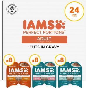 imageIAMS Perfect Portions Healthy Adult Wet Cat Food Cuts in Gravy Chicken Recipe 26 oz Easy Peel TwinPack Trays 24 Count 48 ServingsChicken  Tuna  Salmon