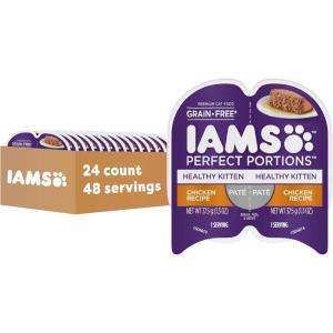 imageIAMS Perfect Portions Healthy Kitten Grain Free Wet Cat Food Pate Chicken Recipe 26 oz Easy Peel TwinPack Trays 24 Count 48 ServingsChicken