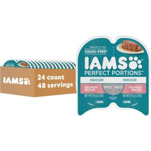 imageIAMS Perfect Portions Indoor Adult Grain Free Wet Cat Food Pate Salmon Recipe 26 oz Easy Peel TwinPack Trays 24 Count 48 Servings