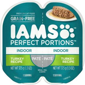 imageIAMS Perfect Portions Indoor Adult Grain Free Wet Cat Food Pate Turkey and Salmon Recipe 26 oz TwinPack Trays 12 Count 24 Servings Pack of 2Turkey