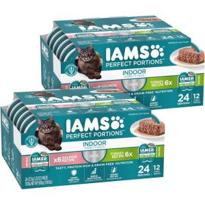imageIAMS Perfect Portions Indoor Adult Grain Free Wet Cat Food Pate Turkey and Salmon Recipe 26 oz TwinPack Trays 12 Count 24 Servings Pack of 2Variety Pack