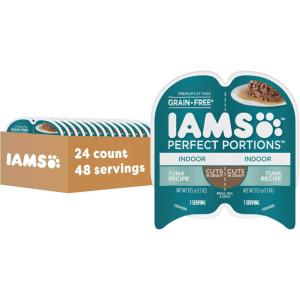 imageIAMS Perfect Portions Indoor Adult Wet Cat Food Cuts in Gravy Salmon Recipe 26 oz Easy Peel TwinPack Trays 24 Count 48 ServingsTuna