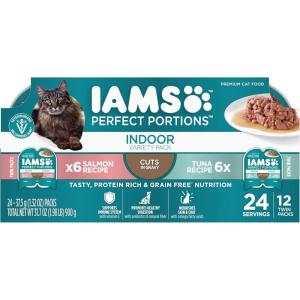 imageIAMS Perfect Portions Indoor Adult Wet Cat Food Cuts in Gravy Salmon Recipe 26 oz Easy Peel TwinPack Trays 24 Count 48 ServingsVariety Pack