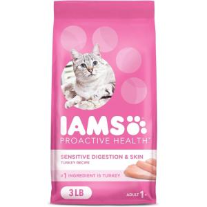 imageIams IAMS PROACTIVE HEALTH Adult Sensitive Digestion ampamp Skin Dry Cat Food with Real Turkey Cat Kibble 3 lb BagTurkey